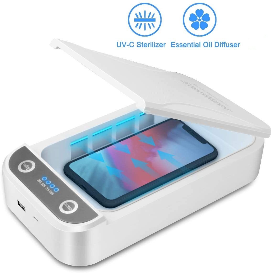 SaniCharge 3 in 1 device sanitizing and charging a smartphone with a diffuser feature.